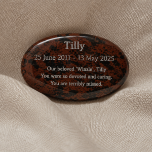 Earthbound mahogany engraved stone