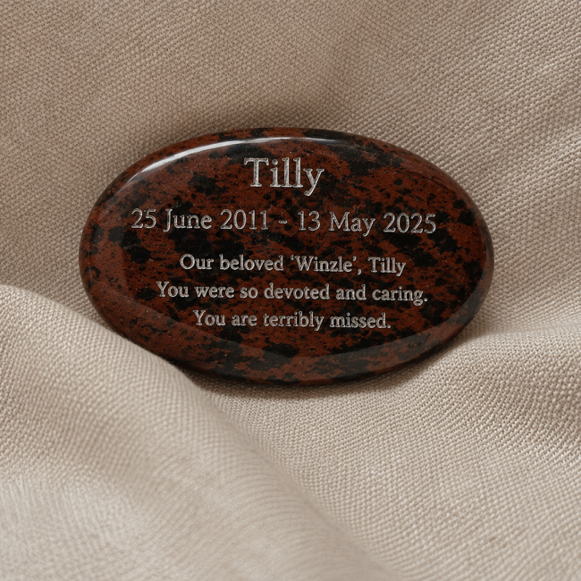 Earthbound mahogany engraved stone